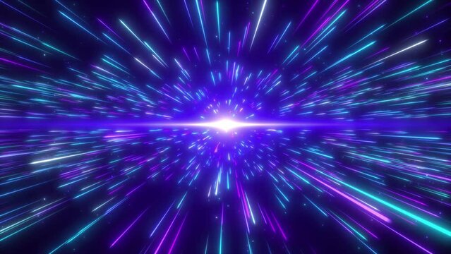 4K Hyperdrive High Speed Flying Lines Light Speed Tunnel Background. Sci-fi Digital Footage Electric Move of Dynamic Streaks in Dark Backdrop. Neon Glowing Rays of Hyperspace in Time Travel