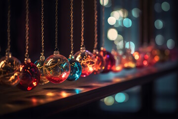Fototapeta na wymiar Glass Balls Hanging on Ribbon in a Bright Winter Holiday Composition, Festive Decor, Colorful Ornaments, Seasonal Decoration, Eye-Catching Design, Cheerful Atmosphere, Holiday Joy. Generative AI