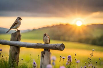 bird on a fence sunrise over the mountains generated ai
