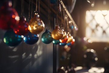 Glass Balls Hanging on Ribbon in a Bright Winter Holiday Composition, Festive Decor, Colorful Ornaments, Seasonal Decoration, Eye-Catching Design, Cheerful Atmosphere, Holiday Joy. Generative AI