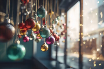 Glass Balls Hanging on Ribbon in a Bright Winter Holiday Composition, Festive Decor, Colorful Ornaments, Seasonal Decoration, Eye-Catching Design, Cheerful Atmosphere, Holiday Joy. Generative AI