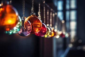 Glass Balls Hanging on Ribbon in a Bright Winter Holiday Composition, Festive Decor, Colorful Ornaments, Seasonal Decoration, Eye-Catching Design, Cheerful Atmosphere, Holiday Joy. Generative AI