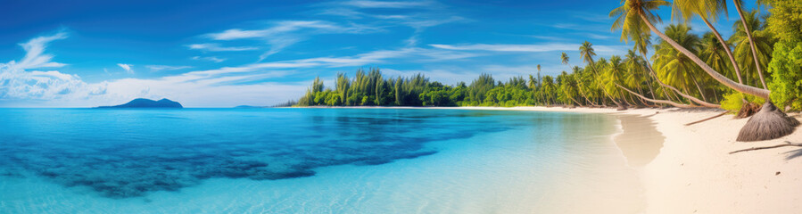 Panoramic view of a paradise beach with white sand, palm trees and crystal clear water. Generative AI