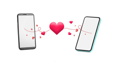 Love in long distance relationship. Line and many hearts between mobile phones on white background