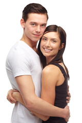 Obraz premium Love, hug and portrait of happy couple isolated on transparent png background, romance and trust. Smile, man and woman in embrace in support, young relationship and future commitment together on date