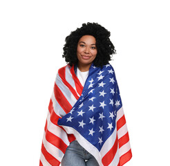 4th of July - Independence Day of USA. Happy woman with American flag on white background