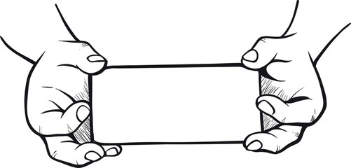 Male hands holding rectangular empty blank sheet black line engraved vector illustration