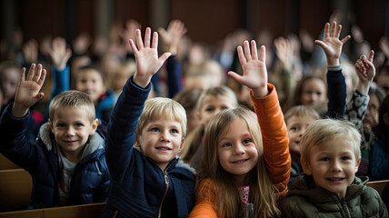 photograph of Pupils raising their hands during class at the elementary school,generative ai - obrazy, fototapety, plakaty