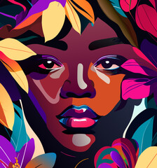 Close-up view of black woman face with flowers