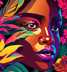 Close-up view of black woman face with flowers