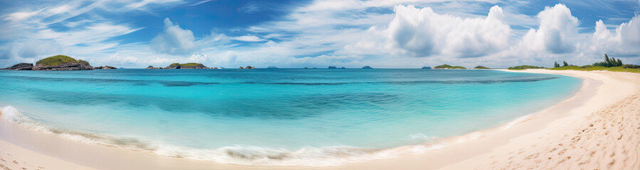 Obraz premium Panoramic view of a paradise beach with white sand, palm trees and crystal clear water. Generative AI