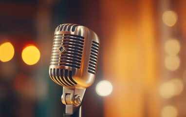 Side view of a radio microphone with studio background blur, lighting, and side blank space