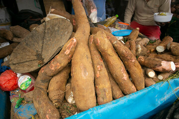 Organic yuca in a market stall in Cusco, Peru.