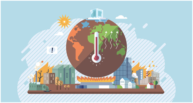 Industries that create pollution and cities that affected by pollution. Metaphor climate change, global warming and water crisis. Save the planet symbols. Environmental problem. Fire and oil pollution