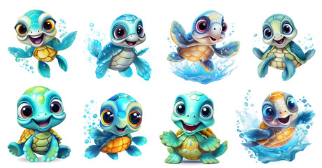 set of funny cartoon sea turtles, isolated background png, sea turtle watercolor, generated ai