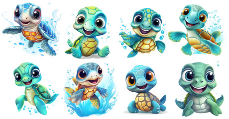 set of funny cartoon sea turtles, isolated background png, sea turtle watercolor, generated ai