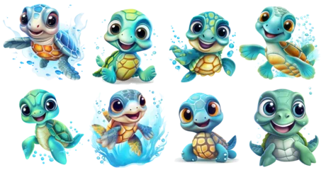 Foto op Plexiglas set of funny cartoon sea turtles, isolated background png, sea turtle watercolor, generated ai © weissdesign