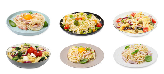 Fototapeta na wymiar Set of different pasta dishes isolated on white