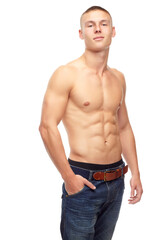 Fototapeta premium Muscle, portrait and body of man in jeans isolated on a transparent png background. Confidence, power abs and strong athlete with health, fitness or bodybuilder workout, exercise or training in Spain
