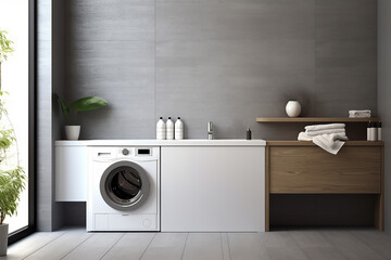 Laundry room interior with washing machine and towels. 3d render