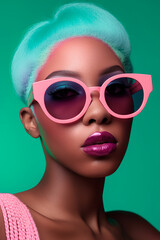 Close up profile of a young beautiful urban girl with fashionable sunglasses. Blue and pink colors are a must this fall season.