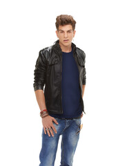 Portrait, fashion and man in leather jacket isolated on a transparent png background. Confidence, serious and model, biker or person in cool clothes, stylish jeans and trendy aesthetic from Australia - obrazy, fototapety, plakaty