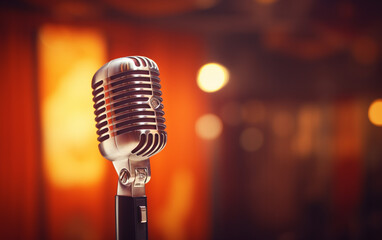 Side view of a radio microphone with studio background blur, lighting, and side blank space
