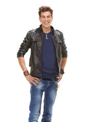 Fototapeta premium Portrait, fashion and happy man in leather jacket isolated on a transparent png background. Confidence, smile and model, biker or person in cool clothes, jeans and trendy aesthetic from Australia