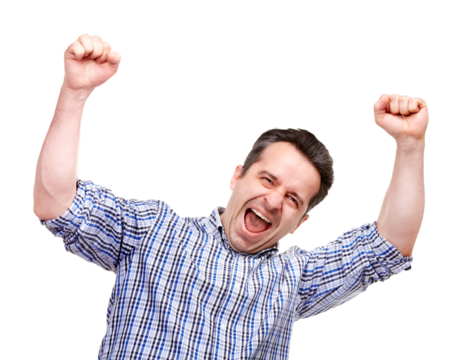 Success, winner and fist pump with portrait of man on png for smile, celebration and achievement. Yes, bonus and reward with person isolated on transparent background for excited, wow and news