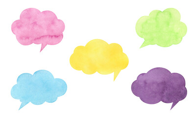 A set of watercolor multicolored speech bubbles isolated on a white background. Hand-drawn. the texture of watercolor on paper. An element for design and decoration in the doodle style.