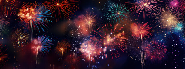 Fireworks in the night sky, new year wallpaper. AI