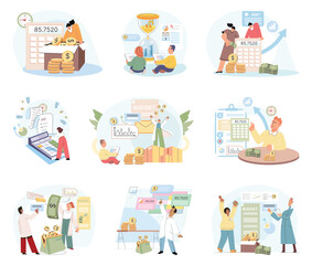 People analyzing personal or corporate budget. Saving money and economy concept. Budget planning financial management business. Money savings estimation, files organization system, financial report