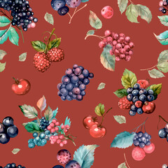 Berry vector in bohemian style seamless pattern. Strawberries, raspberries, blueberries and currants. For printing on prints, textiles, T-shirts