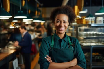Fototapeta premium Smiling, young and attractive saleswoman, cashier serving customers.