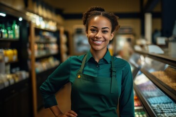 Smiling, young and attractive saleswoman, cashier serving customers.