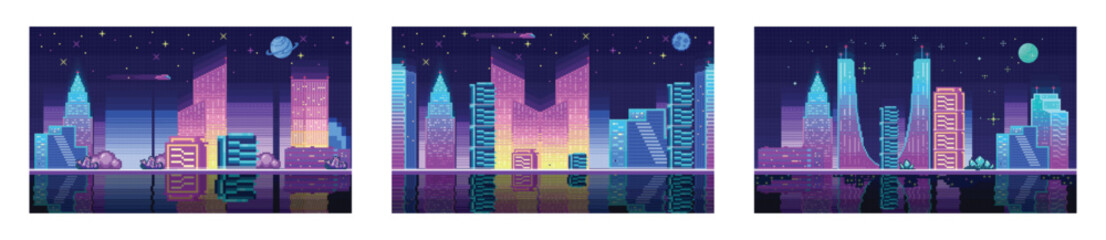 80s retro Sci-Fi background night city skyline. Pixel art cityscape. Town street 8 bit city landscape, night urban arcade game location. Futuristic synth retro wave illustration 1980s posters style