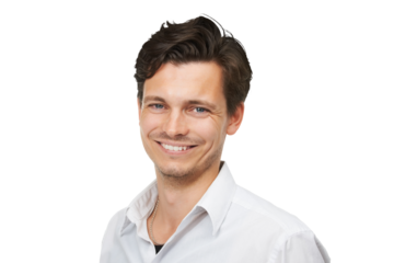 Fashion, smile and portrait of young businessman with confidence, attractive person and isolated on transparent png background. Youth, pride and face of happy man in trendy business clothes at work.