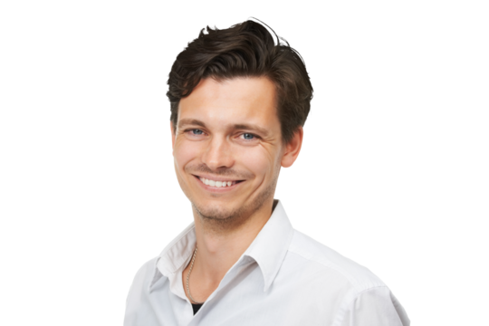 Fashion, smile and portrait of young businessman with confidence, attractive person and isolated on transparent png background. Youth, pride and face of happy man in trendy business clothes at work.