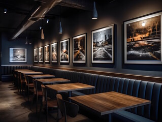 Artistic Display in Industrial Modern Restaurant, Focused on Framed Artwork, Perfect for Interior Design Inspiration. Generative AI