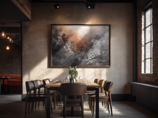 Artistic Display in Industrial Modern Restaurant, Focused on Framed Artwork, Perfect for Interior Design Inspiration. Generative AI