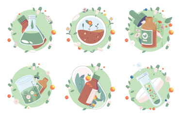 Homeopathy and herbal remedies set. Medical research laboratory diagnostics. Homeopathic treatment and phytotherapy. Traditional herb recipes of alternative medicine. Medicine pharmacy. Herbal pills