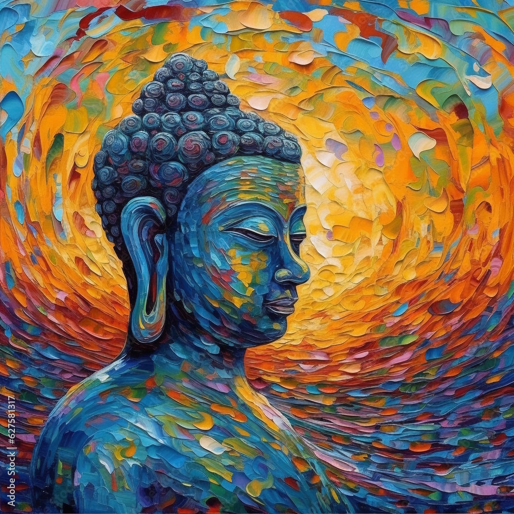 Wall mural Modern Impressionism: Abstract Sitting Buddha Painting in Cyan and Amber, Pixel-Art Style, Vibrant and Expressive. Generative AI