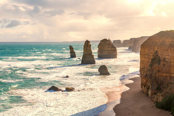 Photograph of the historic and famous 12 Apostles limestone rock stacks along the rugged Great...