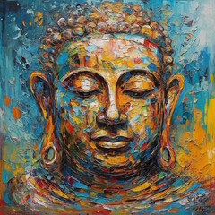 Modern Impressionism: Abstract Sitting Buddha Painting in Cyan and Amber, Pixel-Art Style, Vibrant and Expressive. Generative AI