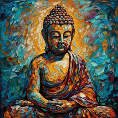 Modern Impressionism: Abstract Sitting Buddha Painting in Cyan and Amber, Pixel-Art Style, Vibrant and Expressive. Generative AI