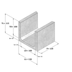 U-Ditch Concrete Drain 100x100x120 3D Illustration with Measurements in Centimeter