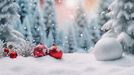 Fototapeta na wymiar Beautiful Festive Christmas snowy background. Christmas tree decorated with red balls and knitted toys in forest in snowdrifts in snowfall outdoors, banner format, copy space. Generative ai