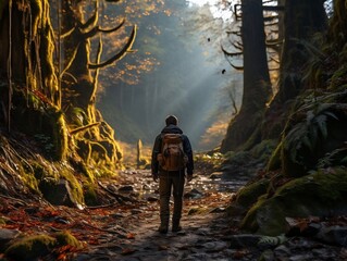 A backpacker hiking through a dense forest, sunlight streaming through the trees generative ai