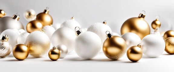 Golden and white Christmas balls on a white background. Festive xmas decoration gold bauble and bright snowflake.