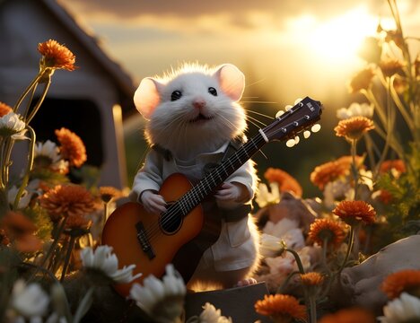 Eine S&uuml;sse Maus spielt Gitarre. generative KI